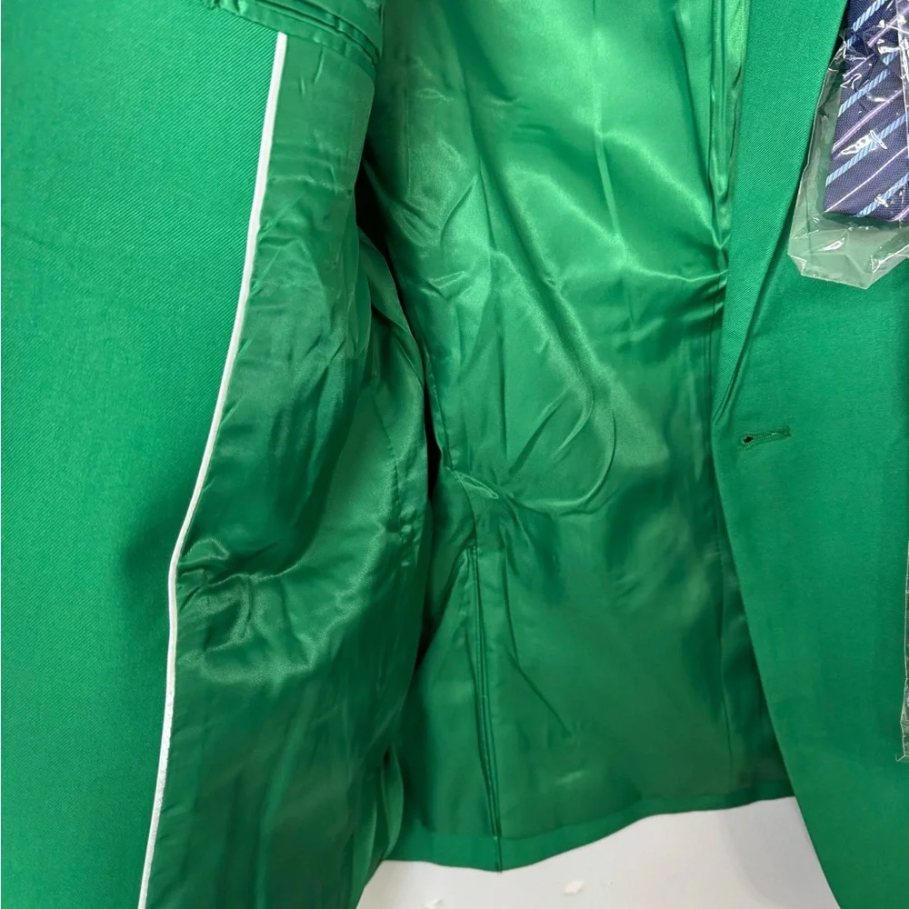 Mage Male Size XS Men's Green 2 PC Pants Suit Front Button Jacket Striped Tie